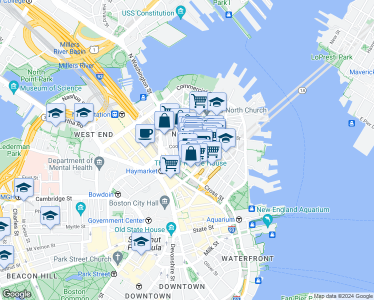 map of restaurants, bars, coffee shops, grocery stores, and more near 21 Cooper Street in Boston