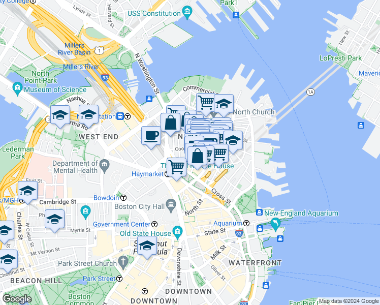 map of restaurants, bars, coffee shops, grocery stores, and more near 21 Cooper Street in Boston
