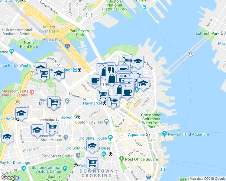 map of restaurants, bars, coffee shops, grocery stores, and more near 21 Cooper Street in Boston