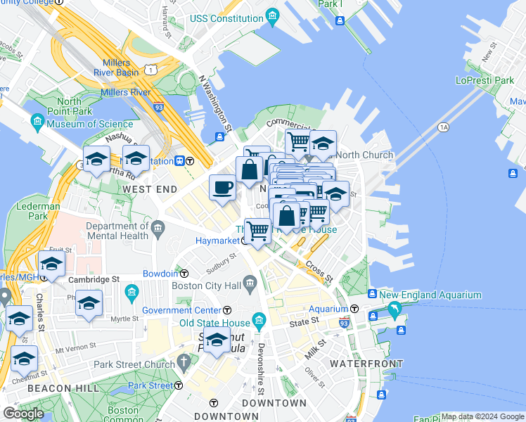 map of restaurants, bars, coffee shops, grocery stores, and more near 21 Cooper Street in Boston