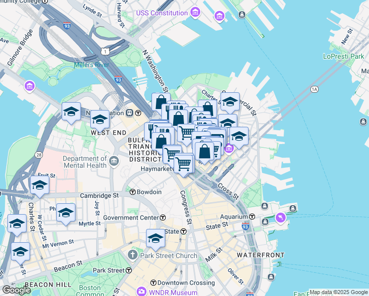 map of restaurants, bars, coffee shops, grocery stores, and more near 45 North Washington Street in Boston