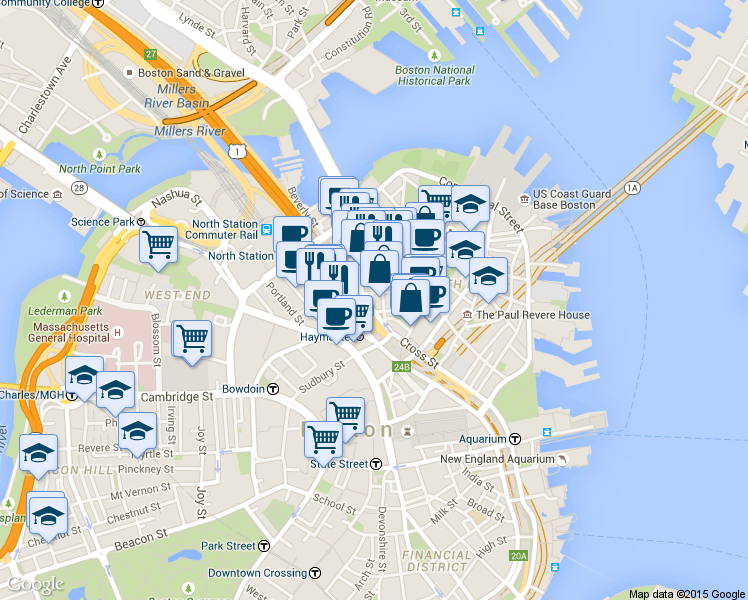 map of restaurants, bars, coffee shops, grocery stores, and more near 49 North Washington Street in Boston