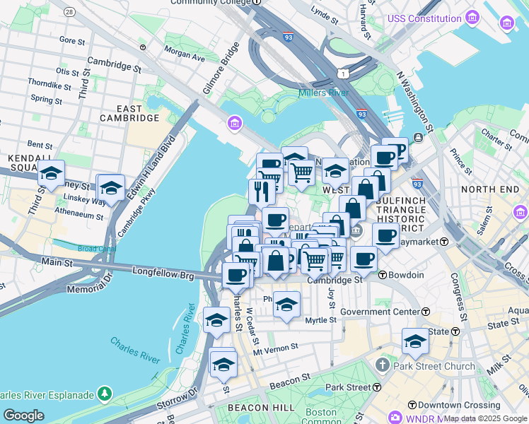 map of restaurants, bars, coffee shops, grocery stores, and more near Emerson Place in Boston