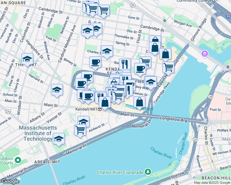 map of restaurants, bars, coffee shops, grocery stores, and more near 295 Third Street in Cambridge