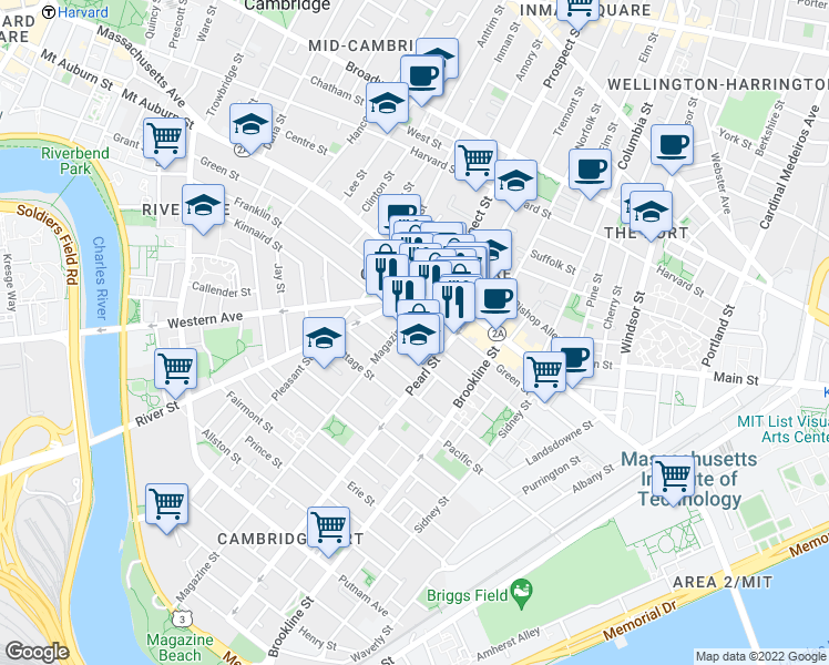 map of restaurants, bars, coffee shops, grocery stores, and more near 296 Green Street in Cambridge