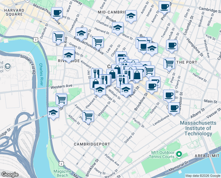map of restaurants, bars, coffee shops, grocery stores, and more near 75 River Street in Cambridge
