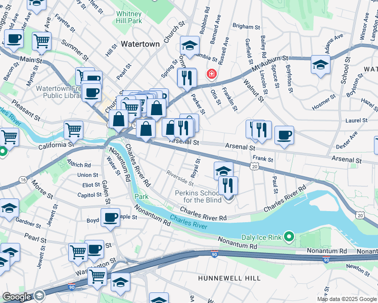 map of restaurants, bars, coffee shops, grocery stores, and more near 129 Arsenal Street in Watertown