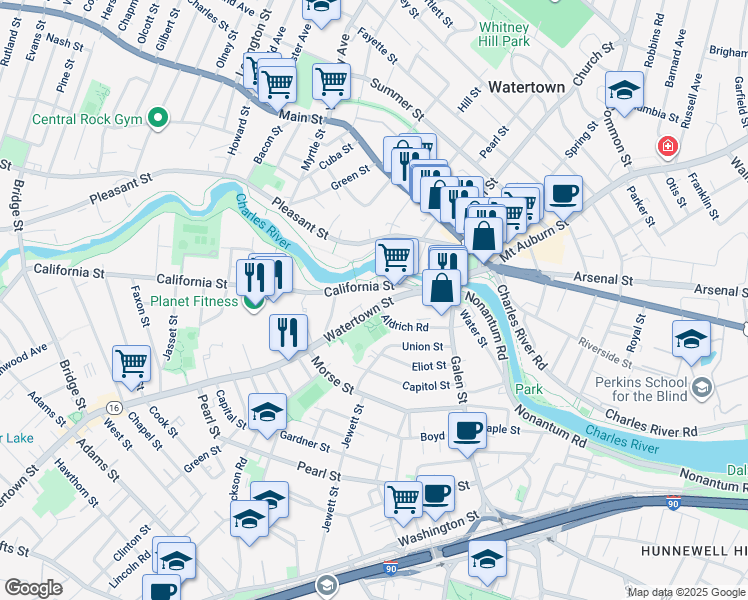 map of restaurants, bars, coffee shops, grocery stores, and more near 54 California Street in Watertown