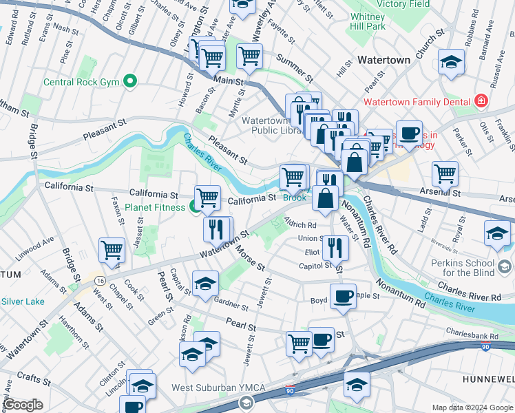 map of restaurants, bars, coffee shops, grocery stores, and more near 54 California Street in Watertown