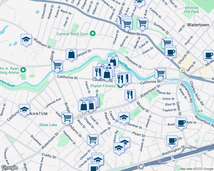 map of restaurants, bars, coffee shops, grocery stores, and more near 194 California Street in Newton