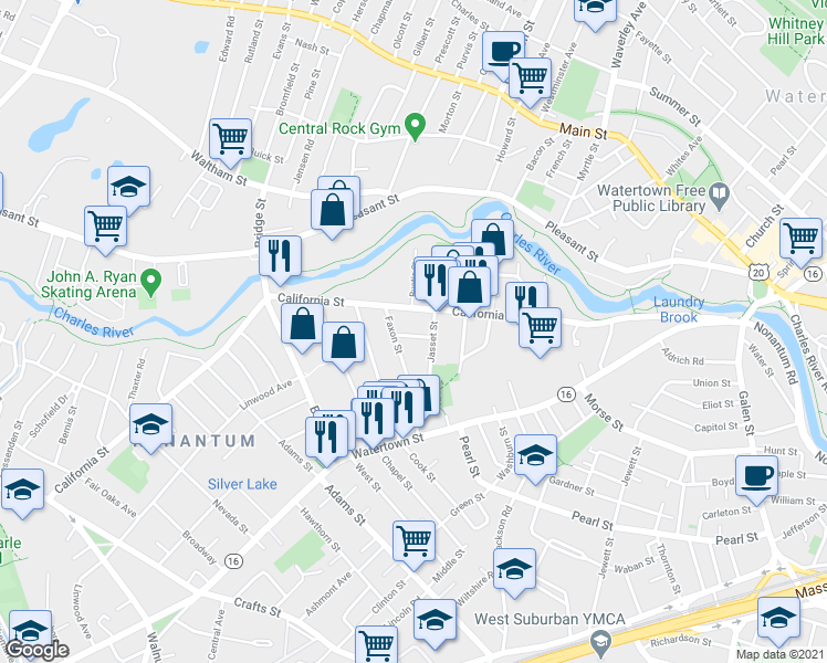 map of restaurants, bars, coffee shops, grocery stores, and more near 260 California Street in Newton