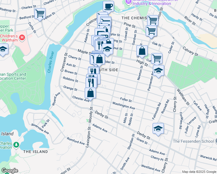map of restaurants, bars, coffee shops, grocery stores, and more near 147-149 Brown Street in Waltham