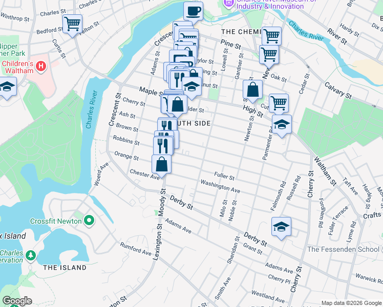 map of restaurants, bars, coffee shops, grocery stores, and more near 147-149 Brown Street in Waltham