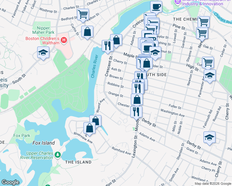 map of restaurants, bars, coffee shops, grocery stores, and more near 22 Orange Street in Waltham