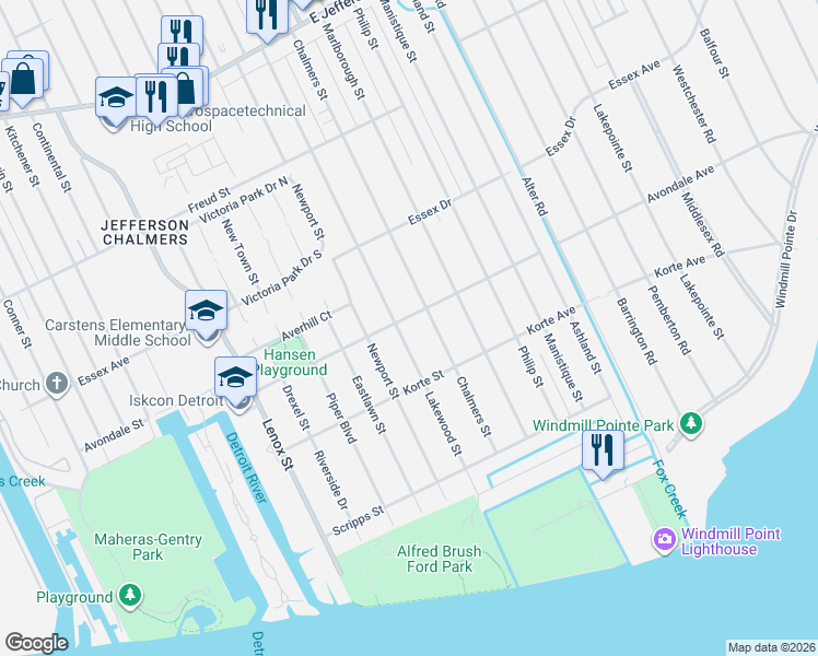 map of restaurants, bars, coffee shops, grocery stores, and more near 395 Chalmers Street in Detroit