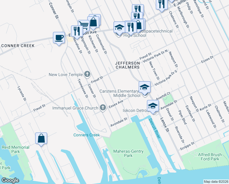 map of restaurants, bars, coffee shops, grocery stores, and more near 532 Kitchener Street in Detroit