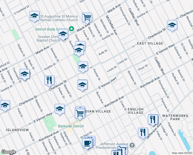 map of restaurants, bars, coffee shops, grocery stores, and more near 2496 Fischer Street in Detroit