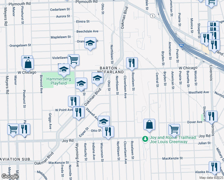 map of restaurants, bars, coffee shops, grocery stores, and more near 9361 Northlawn Street in Detroit