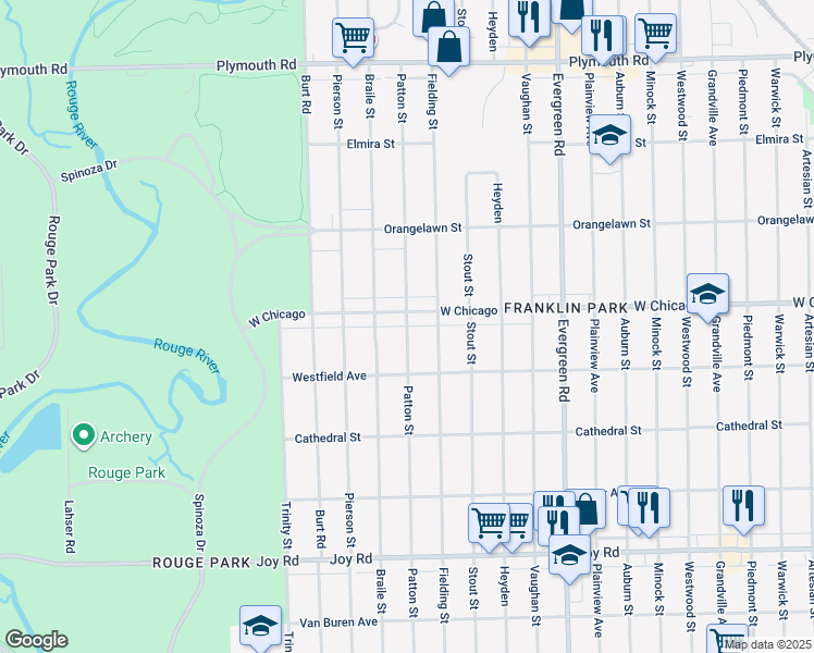 map of restaurants, bars, coffee shops, grocery stores, and more near 20611 West Chicago in Detroit