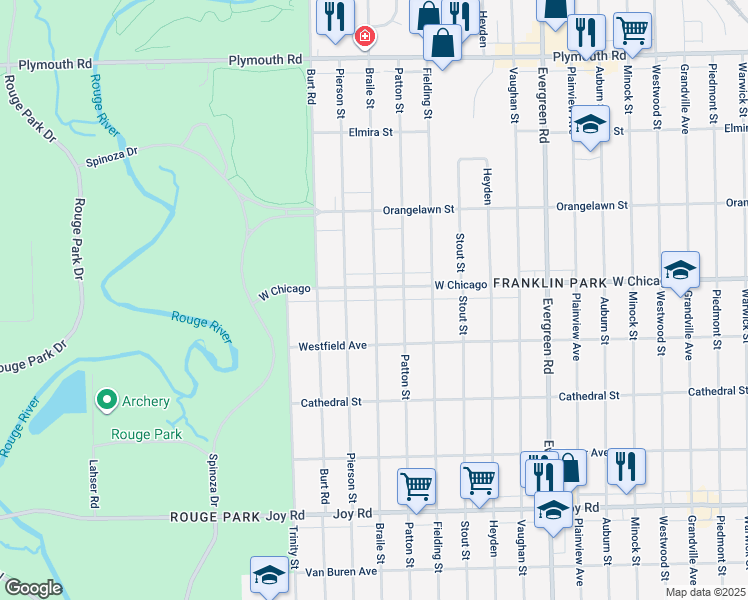 map of restaurants, bars, coffee shops, grocery stores, and more near 20720 West Chicago in Detroit