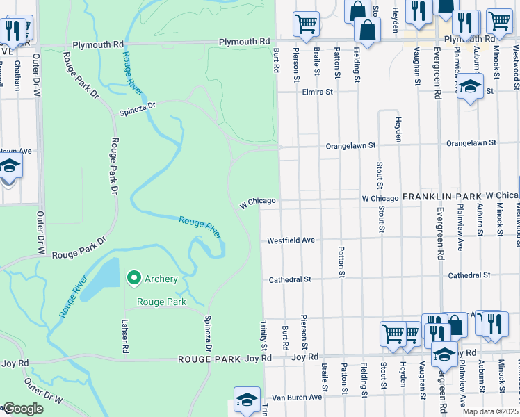 map of restaurants, bars, coffee shops, grocery stores, and more near 20941 West Chicago in Detroit