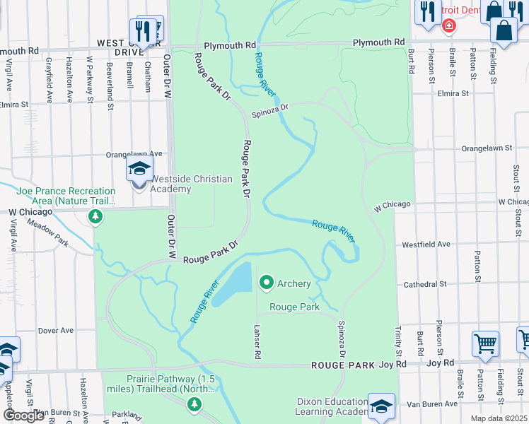 map of restaurants, bars, coffee shops, grocery stores, and more near 21800 Joy Road in Detroit