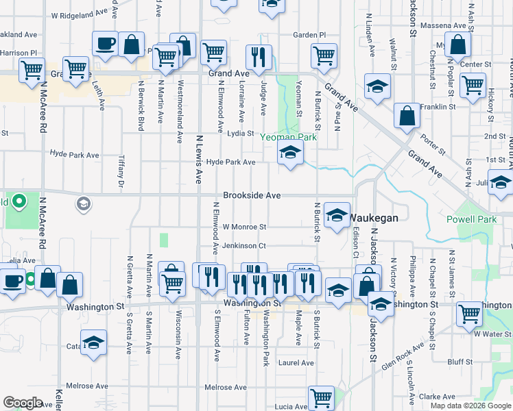 map of restaurants, bars, coffee shops, grocery stores, and more near 1611 Brookside Avenue in Waukegan