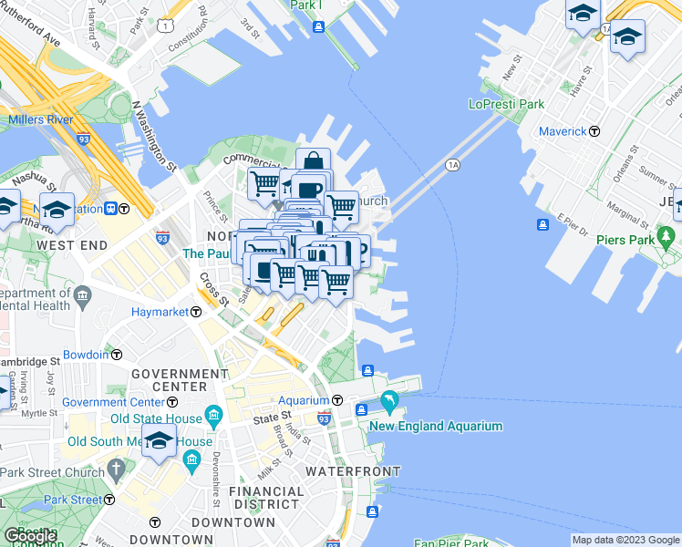 map of restaurants, bars, coffee shops, grocery stores, and more near 50 Fleet Street in Boston