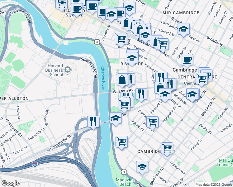 map of restaurants, bars, coffee shops, grocery stores, and more near 46 Blackstone Street in Cambridge
