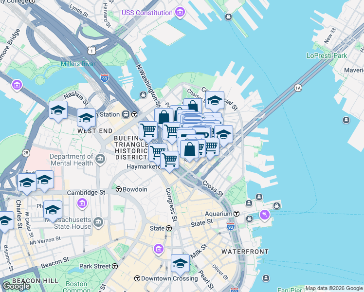 map of restaurants, bars, coffee shops, grocery stores, and more near 21 Cooper Street in Boston