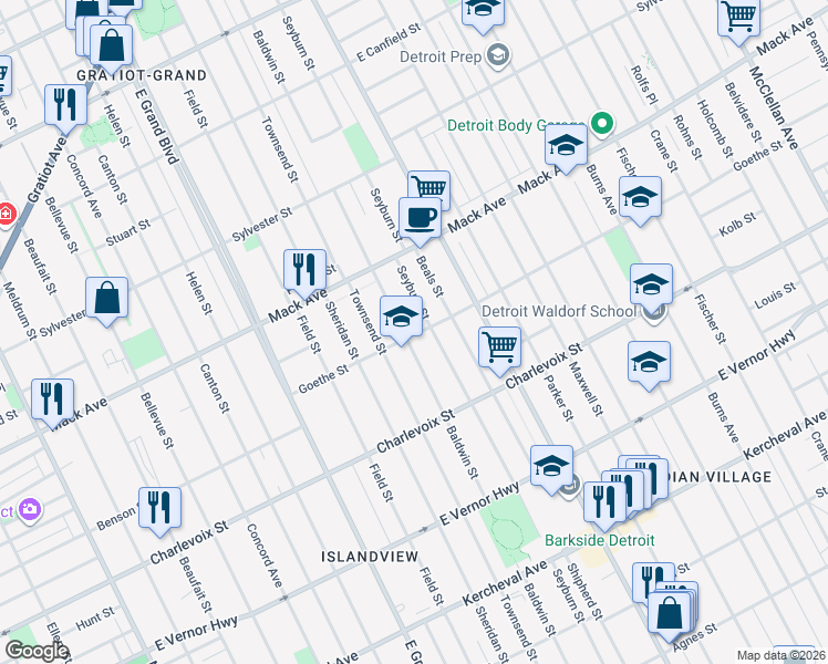 map of restaurants, bars, coffee shops, grocery stores, and more near 3423 Seyburn Street in Detroit