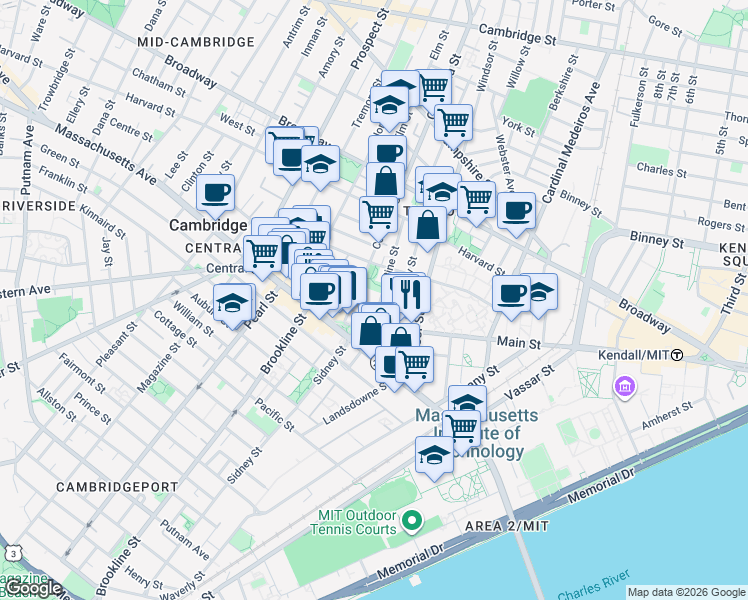 map of restaurants, bars, coffee shops, grocery stores, and more near 23 Pine Street in Cambridge