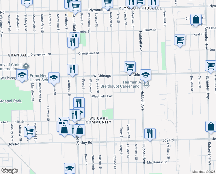 map of restaurants, bars, coffee shops, grocery stores, and more near 9387 Coyle Street in Detroit