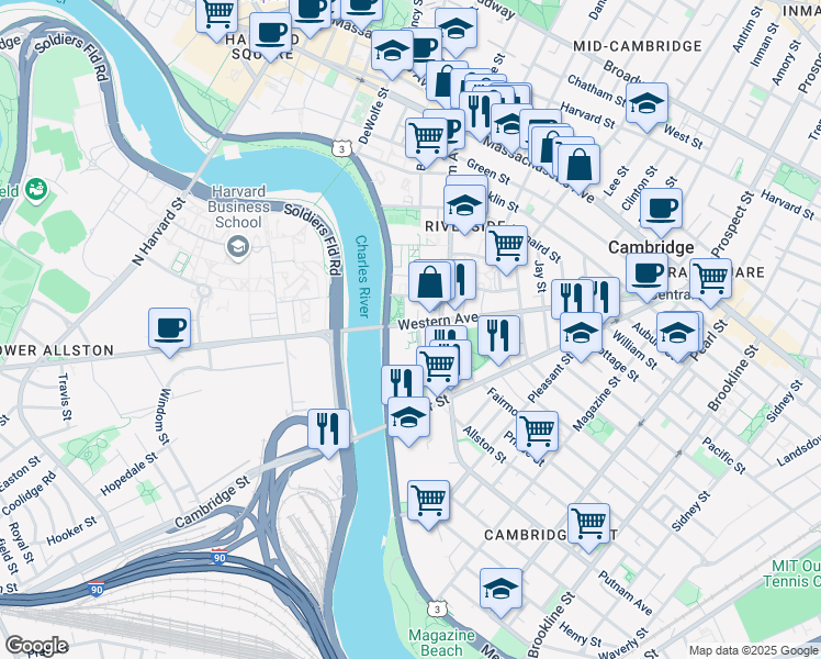 map of restaurants, bars, coffee shops, grocery stores, and more near 46 Blackstone Street in Cambridge