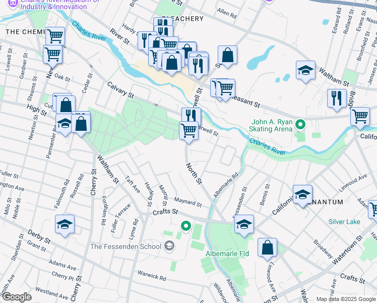 map of restaurants, bars, coffee shops, grocery stores, and more near 151 North Street in Newton