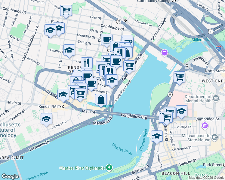 map of restaurants, bars, coffee shops, grocery stores, and more near 2 Linskey Way in Cambridge
