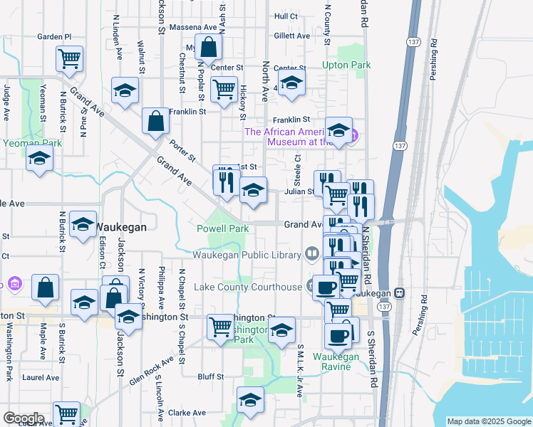 map of restaurants, bars, coffee shops, grocery stores, and more near 508 Grand Avenue in Waukegan