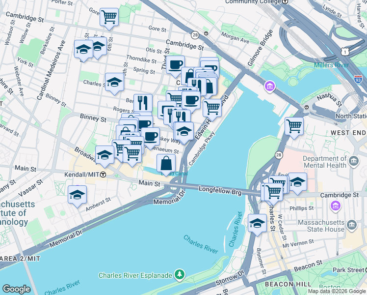 map of restaurants, bars, coffee shops, grocery stores, and more near 215 1st Street in Cambridge
