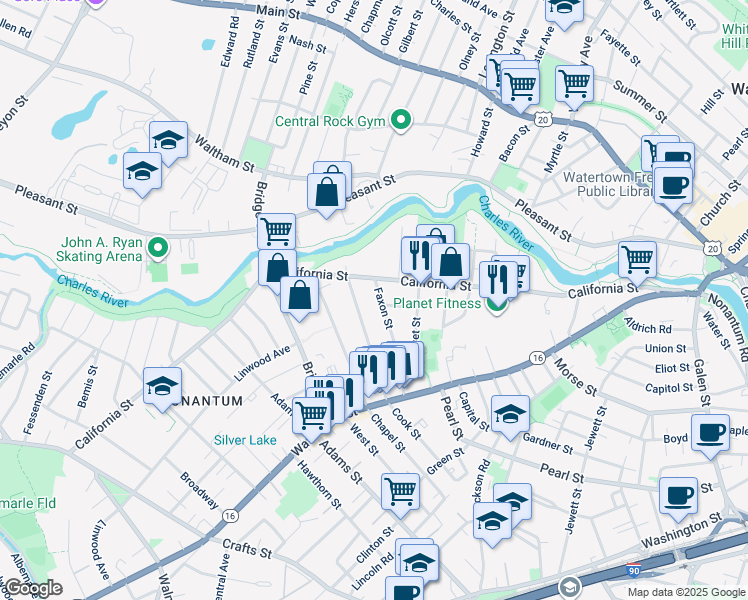 map of restaurants, bars, coffee shops, grocery stores, and more near 17 Faxon Street in Newton
