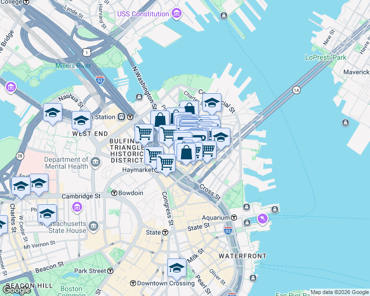 map of restaurants, bars, coffee shops, grocery stores, and more near 7 Bartlett Place in Boston