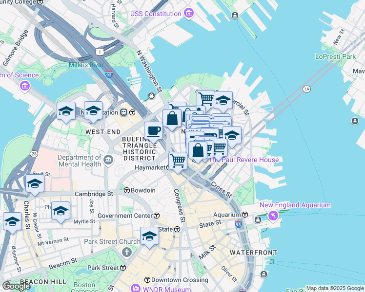 map of restaurants, bars, coffee shops, grocery stores, and more near 95 Endicott Street in Boston