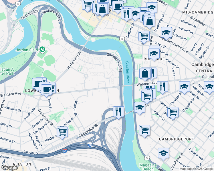 map of restaurants, bars, coffee shops, grocery stores, and more near 111 Western Avenue in Boston