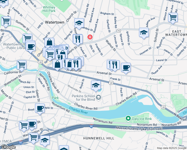 map of restaurants, bars, coffee shops, grocery stores, and more near 12 Beacon Park in Watertown