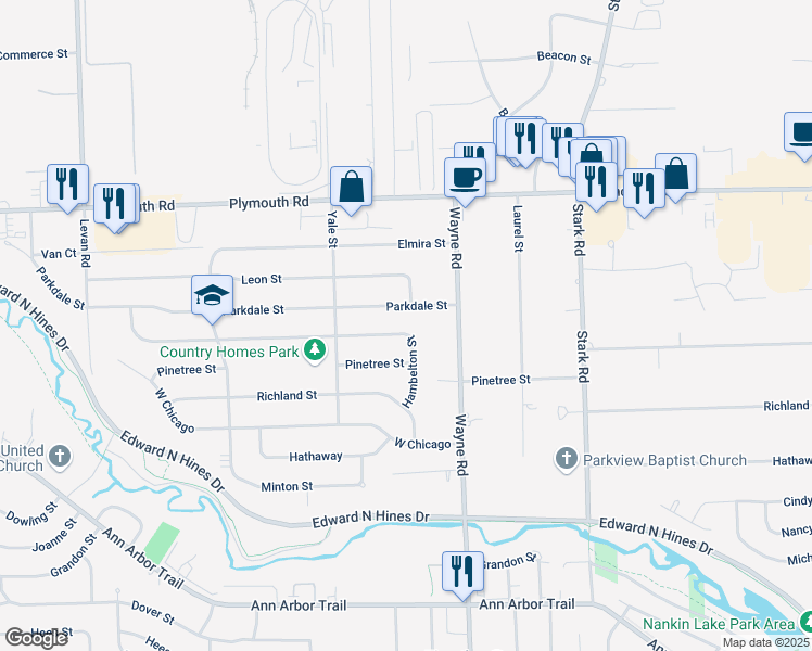 map of restaurants, bars, coffee shops, grocery stores, and more near 35147 Parkdale Street in Livonia