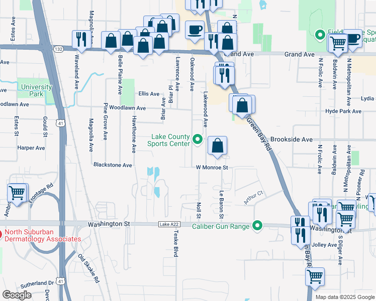 map of restaurants, bars, coffee shops, grocery stores, and more near 351 Oakwood Avenue in Waukegan