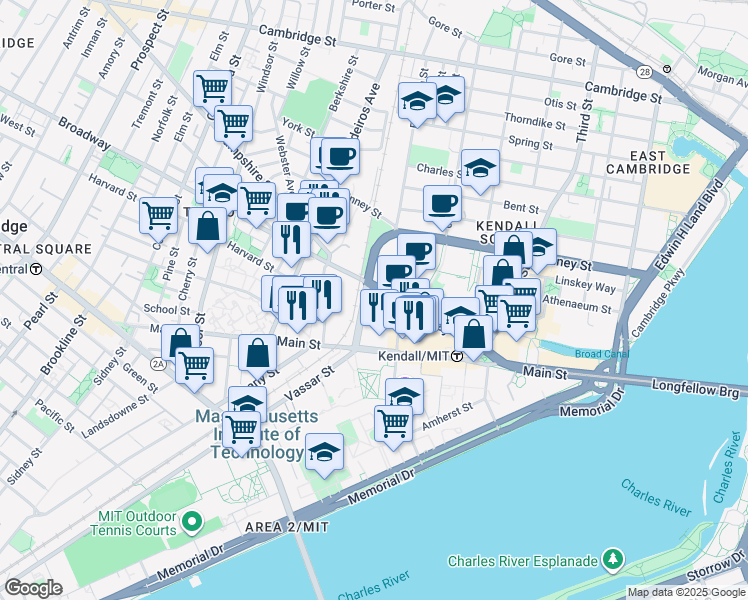 map of restaurants, bars, coffee shops, grocery stores, and more near 8 Cambridge Center in Cambridge