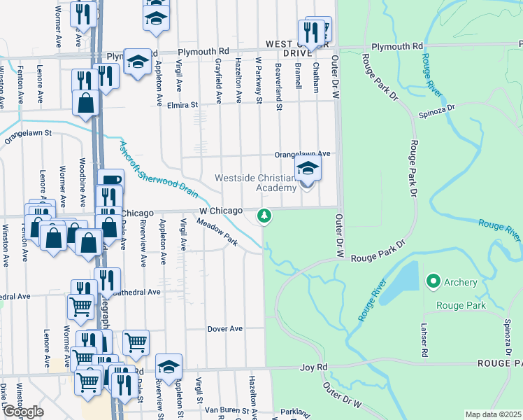 map of restaurants, bars, coffee shops, grocery stores, and more near 13333 West Chicago Street in Detroit