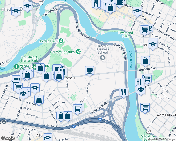 map of restaurants, bars, coffee shops, grocery stores, and more near 35 - 37 Harvard Way in Boston