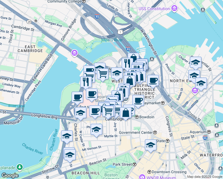 map of restaurants, bars, coffee shops, grocery stores, and more near 9 Hawthorne Place in Boston