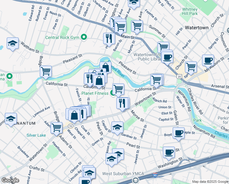 map of restaurants, bars, coffee shops, grocery stores, and more near 150 California Street in Newton